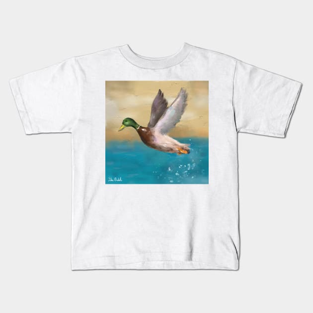 A Painting of a Duck Flying Above the Water Kids T-Shirt by ibadishi